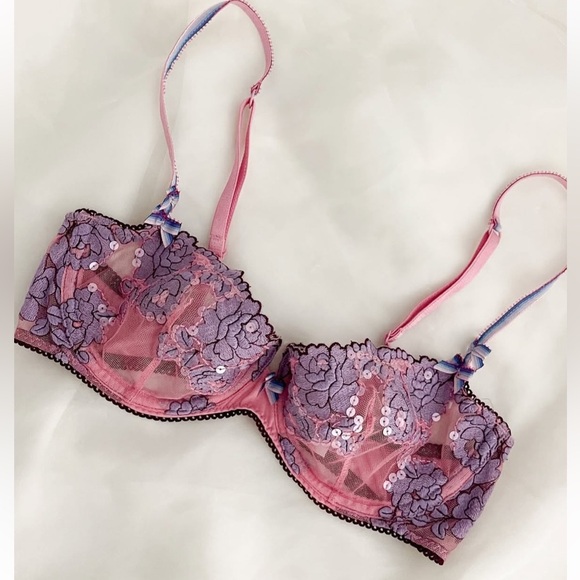 Y2K Victoria’s Secret Angels Sequin Floral Mesh Fairy Bra Pink Purple 34C - Picture 3 of 16
